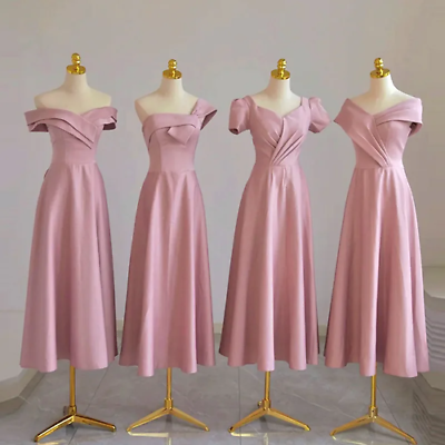 Pink Satin Bridesmaid Dresses V Neck Long Women Wedding Party Gowns Wedding $82.07