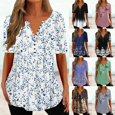 Plus Size Women Floral V Neck T Shirt Casual Loose Short Sleeve Tunic Top Blouse $18.99