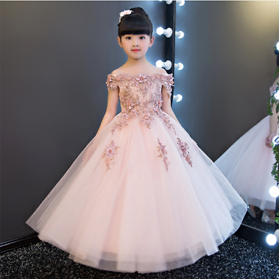 Girls Shoulderless Wedding Dress Bead Appliques Party Tulle Princess Dress Gown $79.38