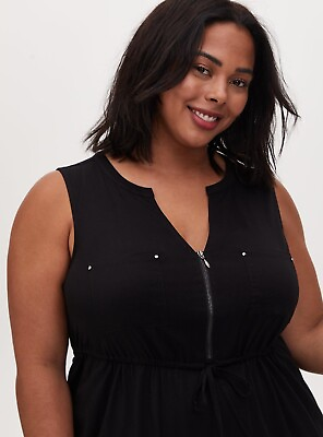 #ad Torrid Mini Challis Zip Front Shirt Dress Solid Black Sleeveless Plus Size 3X $28.00