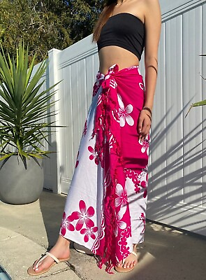 #ad Pink White Plumeria Hawaii Sarong Swimsuit Cover Up Skirt Hawaiian Wrap Dress $15.79