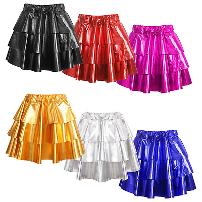 #ad Kids Girls Metallic Elastic Waistband 3 Layers Ruffle Skirt Recital Performance $16.44