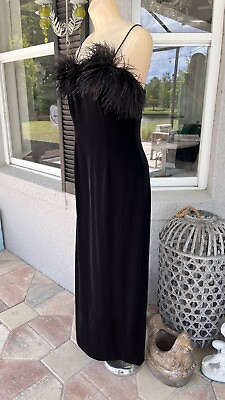 #ad Vintage Alex Evenings Black Velvet Ostrich Feather Maxi Dress 80’s Size 8 $99.99
