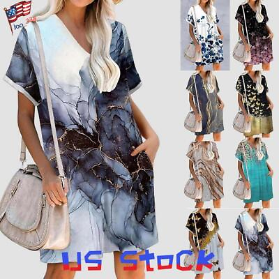 #ad Plus Size Women Printed V Neck Dress Ladies Summer Casual Baggy Mini Sundress US $20.87