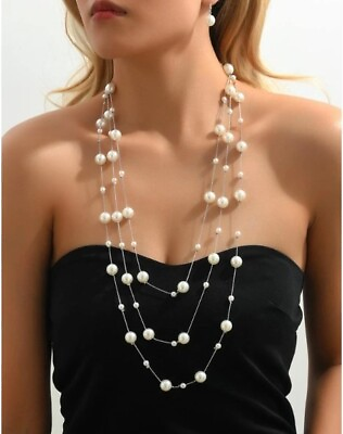 Long White Silver Pearl Necklace Multi Strand Layered Bead Chunky Jewelry Set $14.95