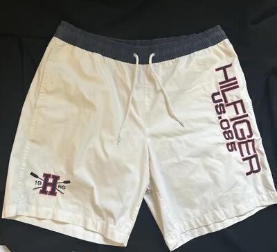 #ad Tommy Hilfiger US.085 Mens Swim Trunks Shorts Spell Out Lined Size LG. White $10.46
