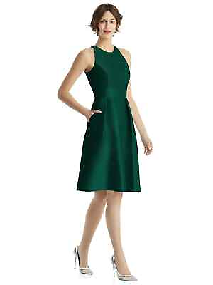 #ad Alfred Sung Hunter Green Jewel Neck Satin Cocktail Dress Size 16 $214 D769 $79.98