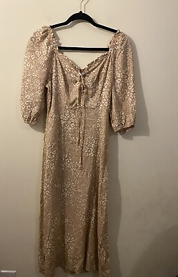 #ad Sincerely Jules Cottagecore Beige White Lace Up Puff Sleeve Maxi Dress Size S $12.00
