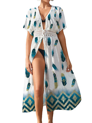 #ad Long Lace Kimono Cardigan Open Front Beach Bikini Swimsuit Cover Up $13.99