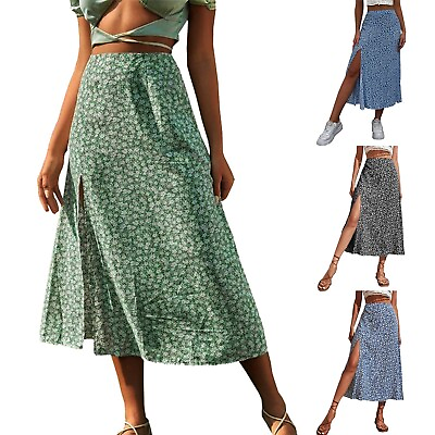 #ad Women#x27;s Casual High Waist Floral Print Skirts Bohemian Split A Line Maxi Skirts $14.50