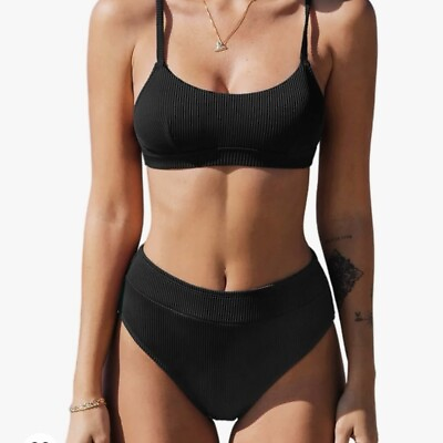 #ad CUPSHE Women#x27;s Bikini Set Two Piece Swimsuit High Waisted Scoop Neck Swimwear $14.98