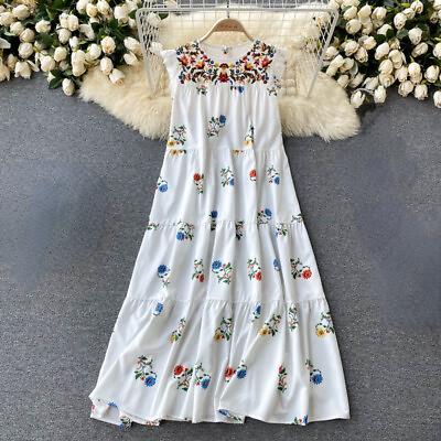#ad Lady Boho Midi Dress Sleeveless Ruffle Hippie Ethnic Embroidery Floral Beach $31.37