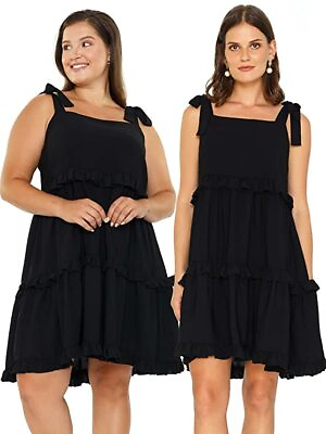 #ad CASUAL SUMMER DRESSES FOR WOMEN TIERED BABYDOLL SMOCKED RUFFLE DRESS BLACK $16.95