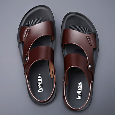 Men Shoes Leather Non slip Beach Slip On Sandals Travel Flip Flop Slippers Brown $41.95