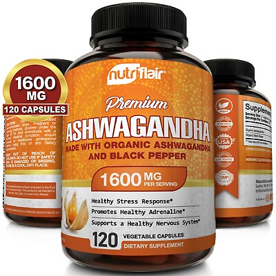 ☀ Organic Ashwagandha Capsules 1600mg 120 Capsules with Black Pepper Root Powder $14.99