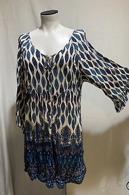 Vintage Roxy Women Blue Ikat Print Ruffle Trim Button Front Boho Dress Large $39.00