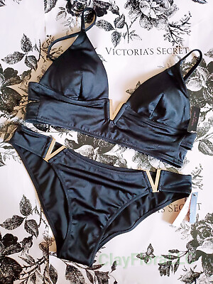 #ad #ad Victoria#x27;s Secret V Hardware Bralette Bikini set rhinestones black gold swim $76.50