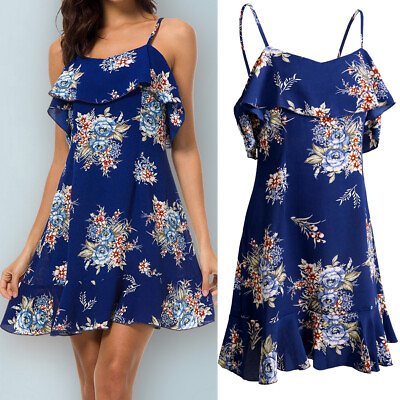 #ad Women Summer Loose Dress Ladies Boho Beach Holiday Floral Sun Dresses Small Size $14.31