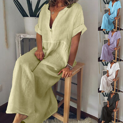 Womens Cotton Linen Kaftan Shirt Maxi Dress Casual Loose Long Tunic Tops Dress $12.25