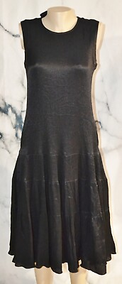 #ad NORDSTROM Black Tiered Sleeveless Crinkle Satin Sleeveless A Line Dress Medium $24.99