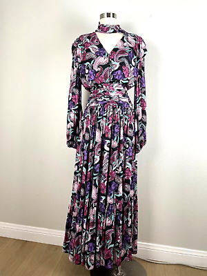 #ad BCBGMAXAZRIA Womens 4 Floral Paisley Tiered Long Maxi Dress Long Sleeve Tie Neck $149.99