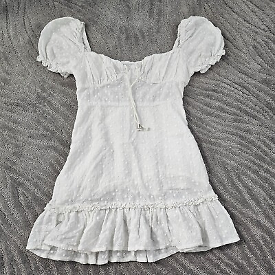 #ad Women White Beach Eyelet Dress Puff Sleeve Ruffled Lined Size S Slim Fit Cotton $15.00