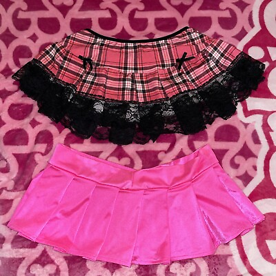 #ad 2 Sexy Hot Pink Micro Mini Pleated Skirts Raver Dancer Clubwear Cosplay Size S $55.00