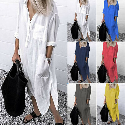 Womens Cotton Linen Maxi Shirt Dress Kaftan Summer Casual Long Tops Plus Size $20.79