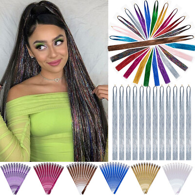 #ad 12 Colors 2400 Strands Hair Tinsel Kits Glitter Hair Extensions w Tool 47 Inch $13.99