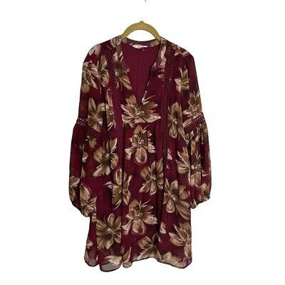 #ad Entro Red Burgundy Floral Shift Boho Dress Small $26.25