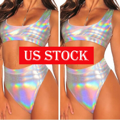 #ad US 2 Pcs Womens Bikini Set Shiny Wetlook Leather High Cut Swimwear Bathing Suits $9.77