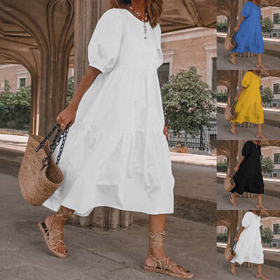 #ad Women#x27;s Summer Holiday Beach Casual Baggy Dress Ladies Midi Party A Line Dresses $18.89
