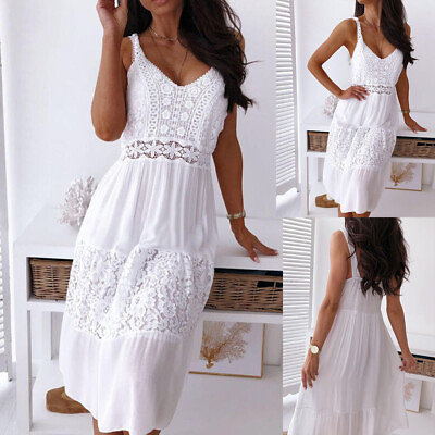 #ad #ad Womens White Lace Midi Dress V Neck Strappy Holiday Summer Beach Sundress Dress $26.29
