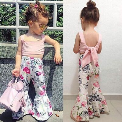 #ad 2pcs Kids Girl Summer Pink Gallus TopsFloral Flared Pants Cute Fashion Suit Set $13.63