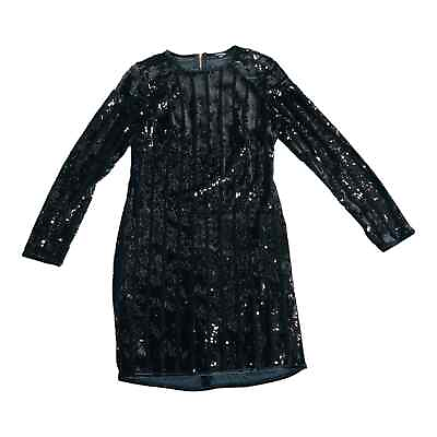 #ad Women#x27;s Sz Large Black Sequin All Over Sheath Dress Long Sleeve Zip $22.00