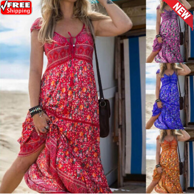 #ad Womens Summer Beach Boho Sun Dress Ladies Holiday V Neck Maxi Dresses New $18.79