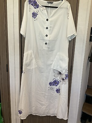 #ad COZY WHITE FLORAL BUTTERFLY MAXI DRESS 4 BUTTON WITH POCKETS SIZE XL $22.00