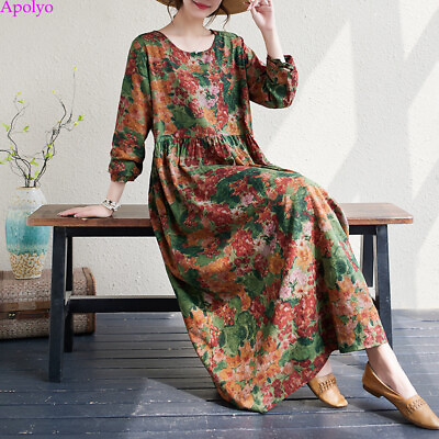 Women Retro Ethnic Floral Casual Loose Tunic Shirt Boho Maxi Long Plus Dress $32.19
