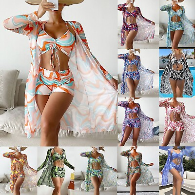 Womens Hawaiian Outfits 3 Piece Swimsuit Summer Beach Cover Ups Floral Kimono $27.78