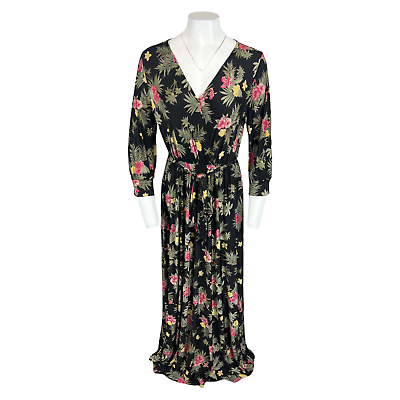 #ad Laurie Felt Women Long Sleeves Wrap Front Maxi Dress Tropical Print Large Size $20.00