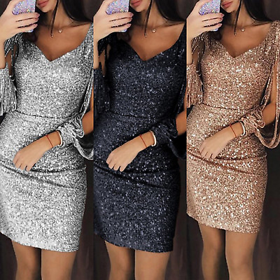 #ad Ladie Glitter Sequin Slit Long Sleeve Mini Dress Evening Party Bodycon Dress $26.10