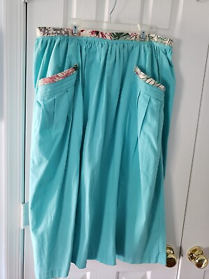 #ad Vintage Midi Skirt Big Pockets 50s 60s Womens 12 14 Teal Green Bark Cloth Trim $25.00