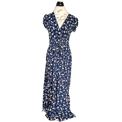 #ad Womens Dress Maxi Floral Blue Drawstring Cap Sleeve V Neckline Feminine Small $26.22