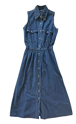 Vintage GAP Denim Dress Button Up Midi Jean Jumper Sleeveless Pockets Size XS $28.00