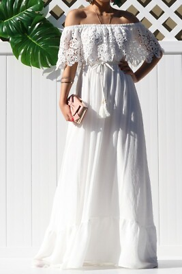 #ad White Boho Off Shoulder Crochet Lace Ruffle Maxi Dress $59.99