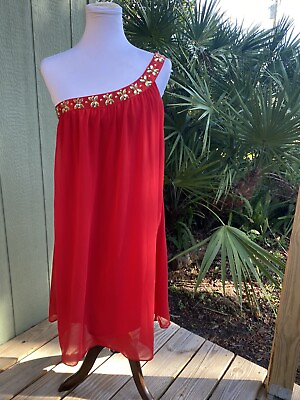#ad Ever Pretty Dress Womens 12 Red One Shoulder Beaded Sheer Over Lining Cocktail $21.60