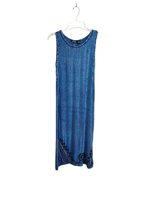 #ad Chambray Denim Maxi Jumper Dress Womens Medium Embroidered Side Slits Tie Back $36.95