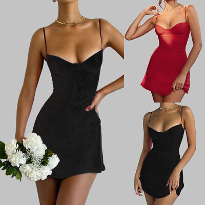 #ad Women#x27;s Sexy Sleeveless Bodycon Mini Dress Summer Strappy Holiday Party Dresses $17.19