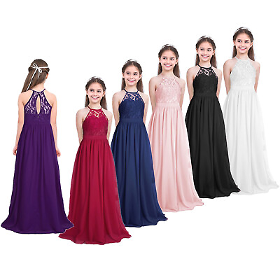 #ad Big Girls Halter Chiffon Lace Wedding Flower Girl Dresses Evening Prom Maxi Gown $17.94