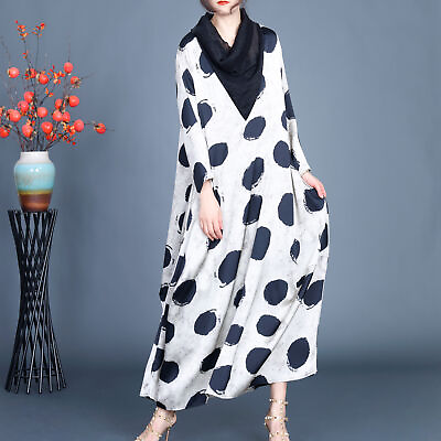 #ad Women Spring Summer Long Sleeve Silk Loose Polka Dot Long Dresses V Neck Dresses $69.41